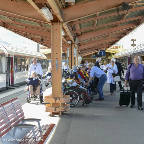 Pèlerins du Rosaire à la gare de Lourdes en fauteuil roulant