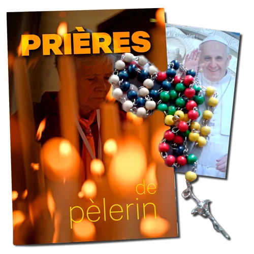 Prière de pèlerin, chapelet coloré et pape François