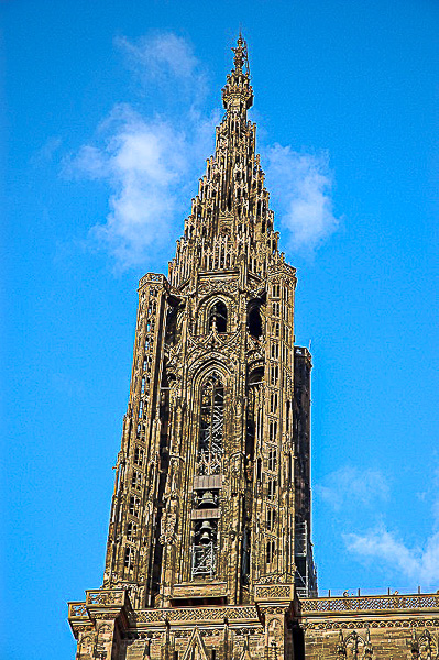 Strasbourg Cathedral Spire against a blue sky