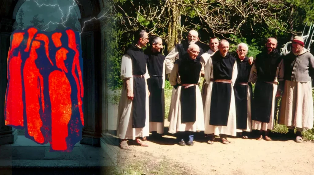 Groupe de moines avec une image mystérieuse superposée