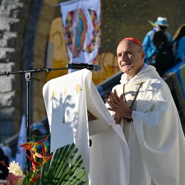 Cardinal prêchant lors d'une cérémonie religieuse extérieure.
